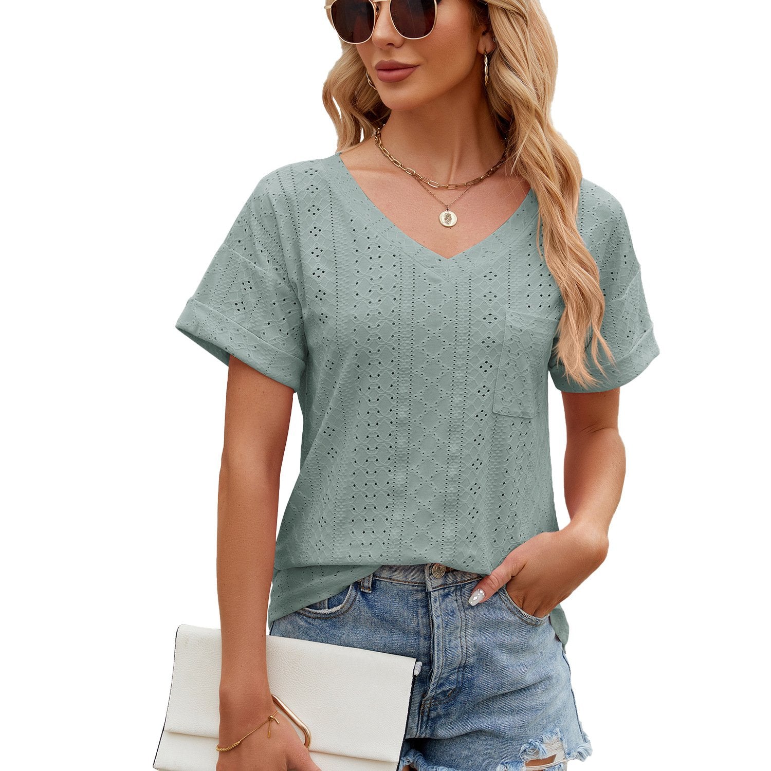 Solid Color Pocket V Collar Loose Short Sleeved T-Shirt Jacket Lady