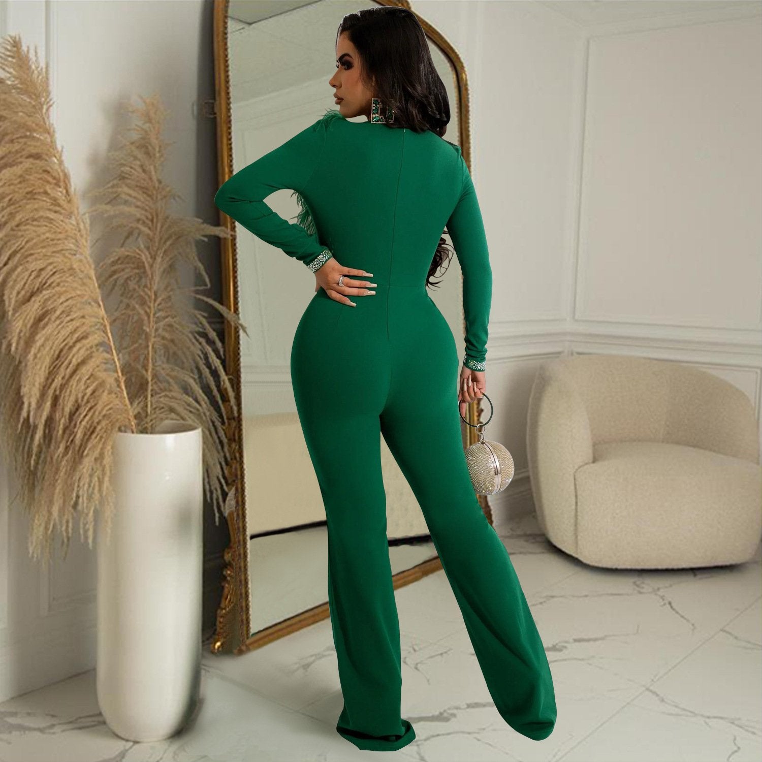 V Neck Long Sleeved Pants Jumpsuit