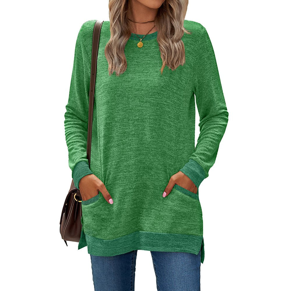 T-Shirt With Round Collar And Matching Color Pockets And Long Sleeves