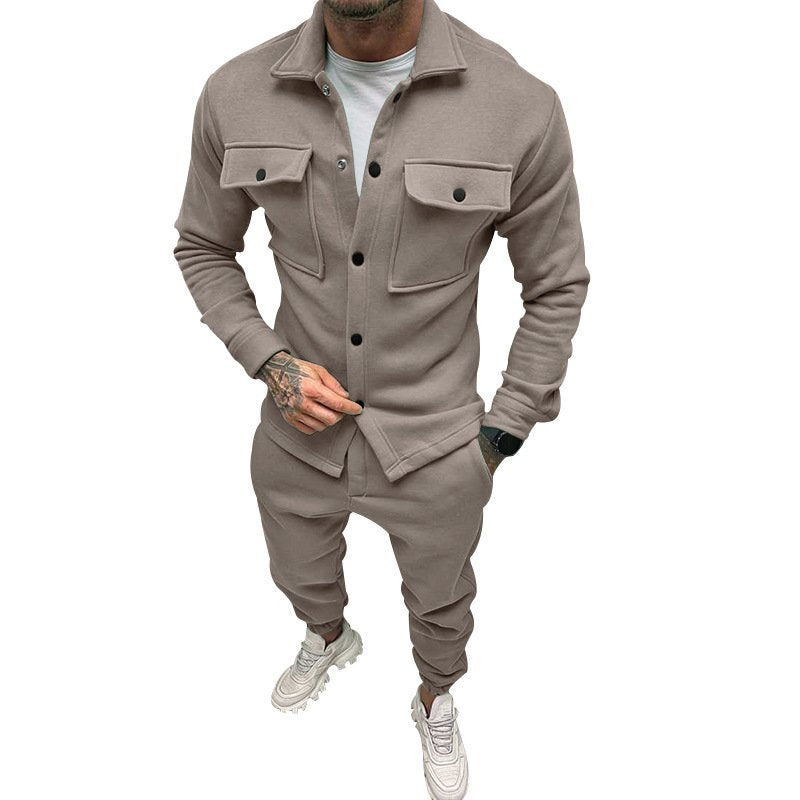 Men's Fall Button Suede Casual Top And Pant Set