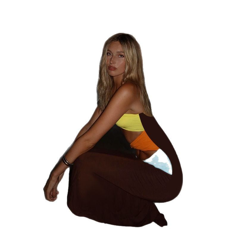 Color blocked strapless hollow out sexy dress