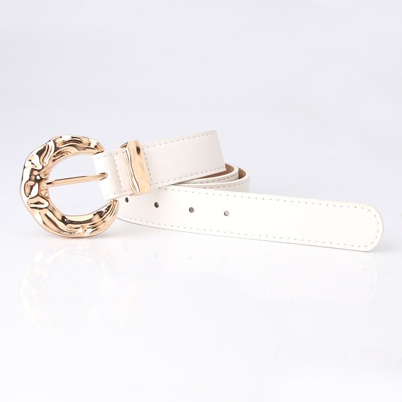 Belt With Engraved Concave And Convex Golden Buckle