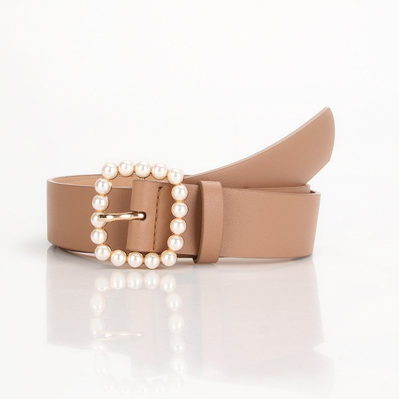 Pu Belt Square Buckle Point Pearl Sweet Elegant Dress