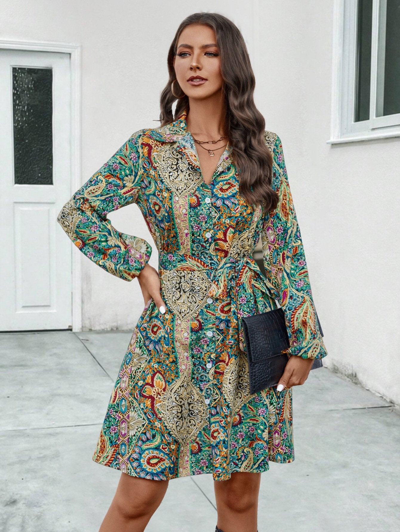 Hot Print Long Sleeved Shirt Dress