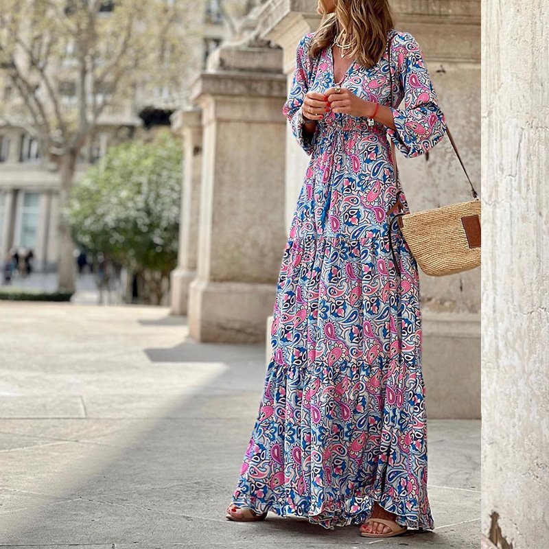 V Neck Bohemian Print Oversized Dress