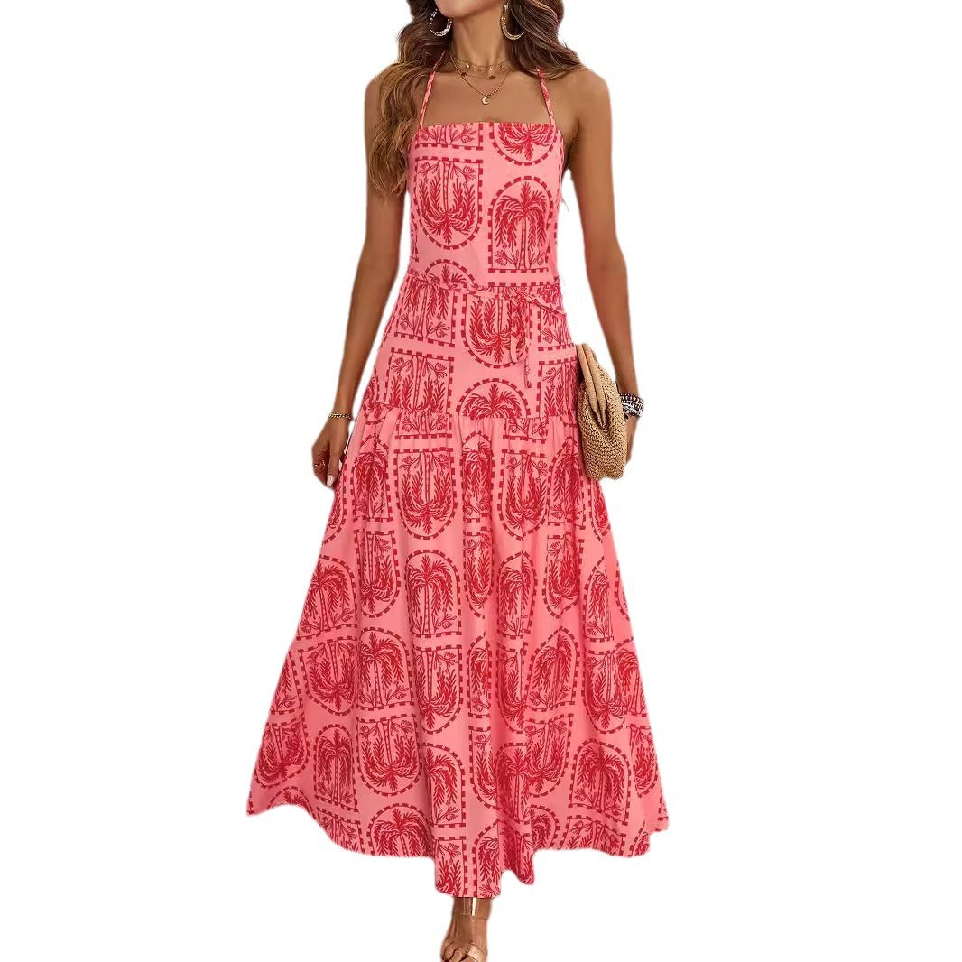 Summer neck print beach vacation dress