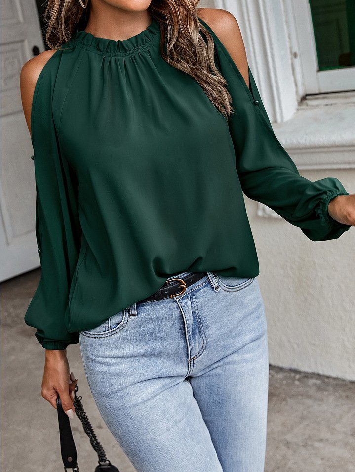 Round Neck Long Sleeve Pleated Off Shoulder Blouse