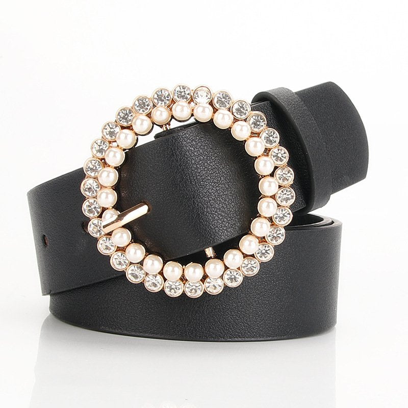 Elegant Belt With Round Pearl Buckle