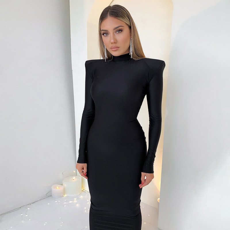 Long Bodycon Dress With Shoulder Pads And High Neck