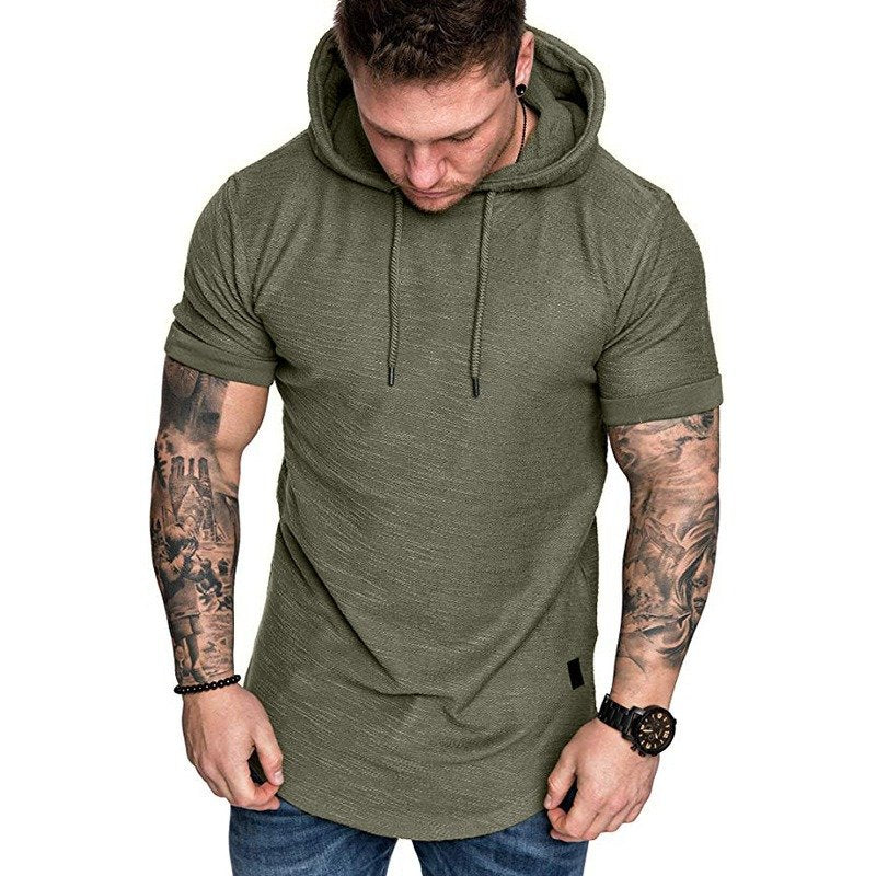 Men's casual solid color hooded T-shirt casual sports