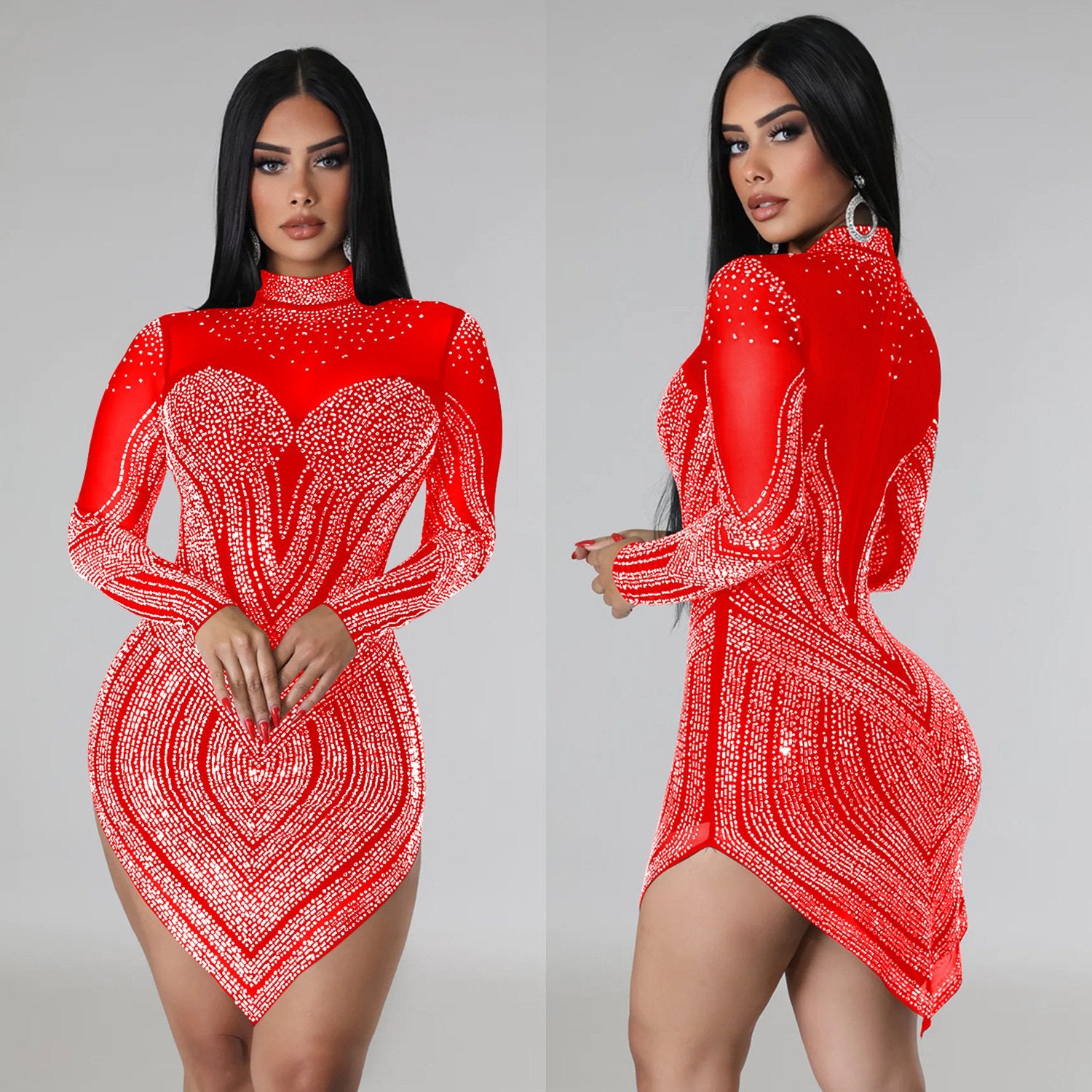 Mesh Diamond Long Sleeved Short Dress