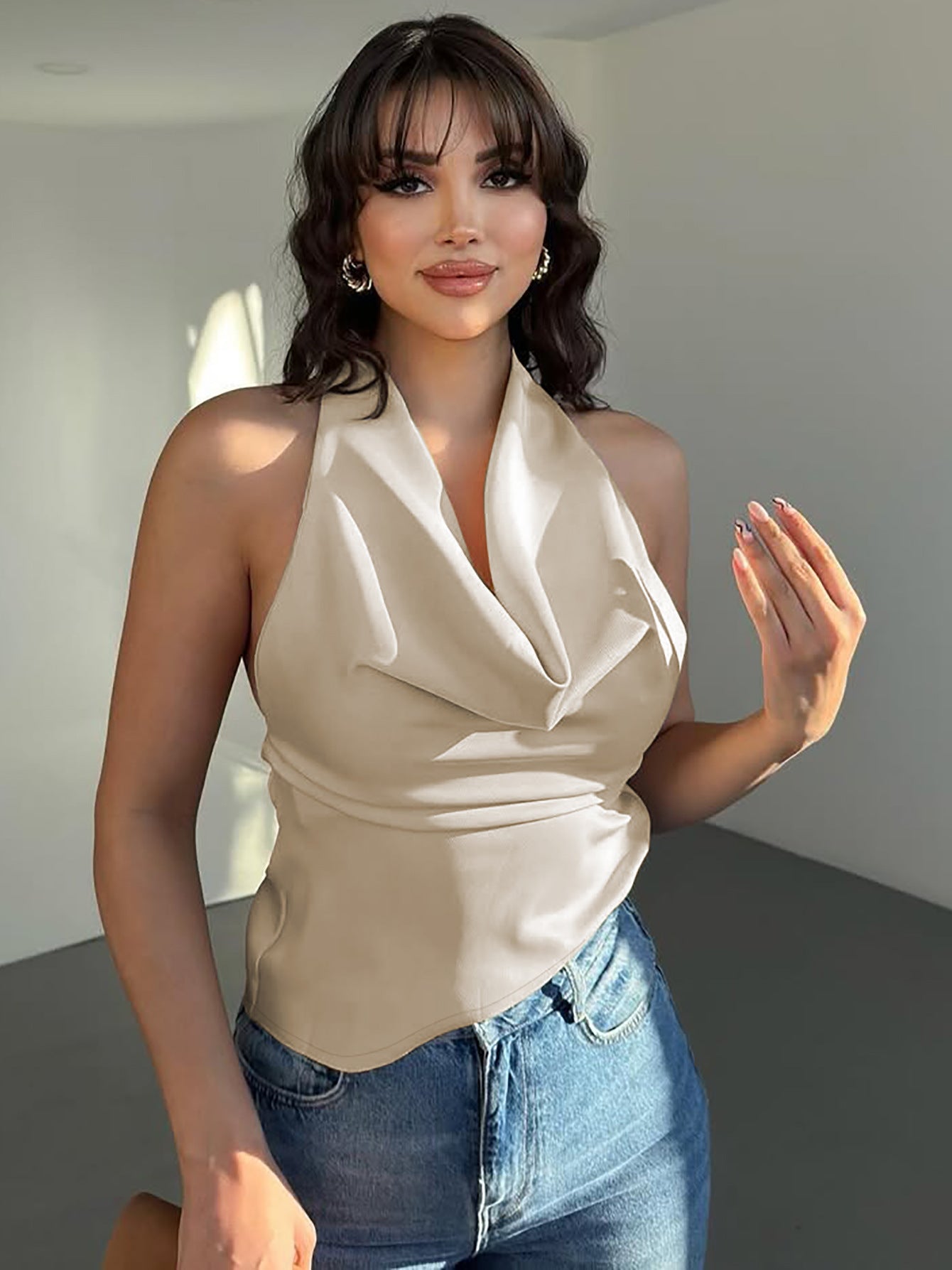 Solid color slim fit lace up backless top