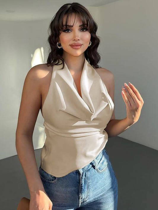 Solid color slim fit lace up backless top