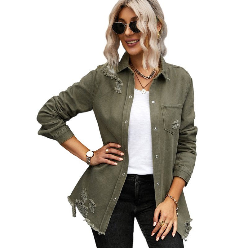 Long Sleeve Jacket With Distressed Long Sleeve Solid Color