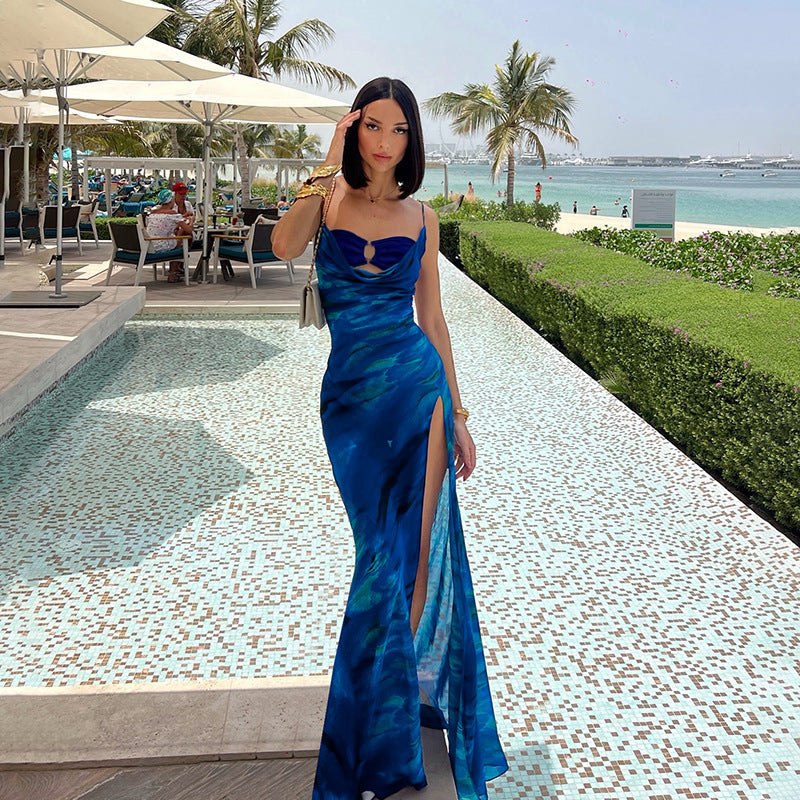 Sexy printed slit camisole dress