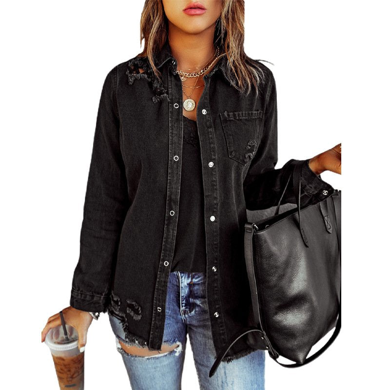 Long Sleeve Jacket With Distressed Long Sleeve Solid Color