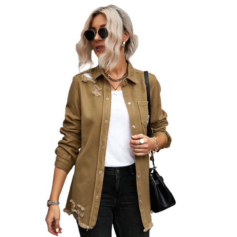 Long Sleeve Jacket With Distressed Long Sleeve Solid Color