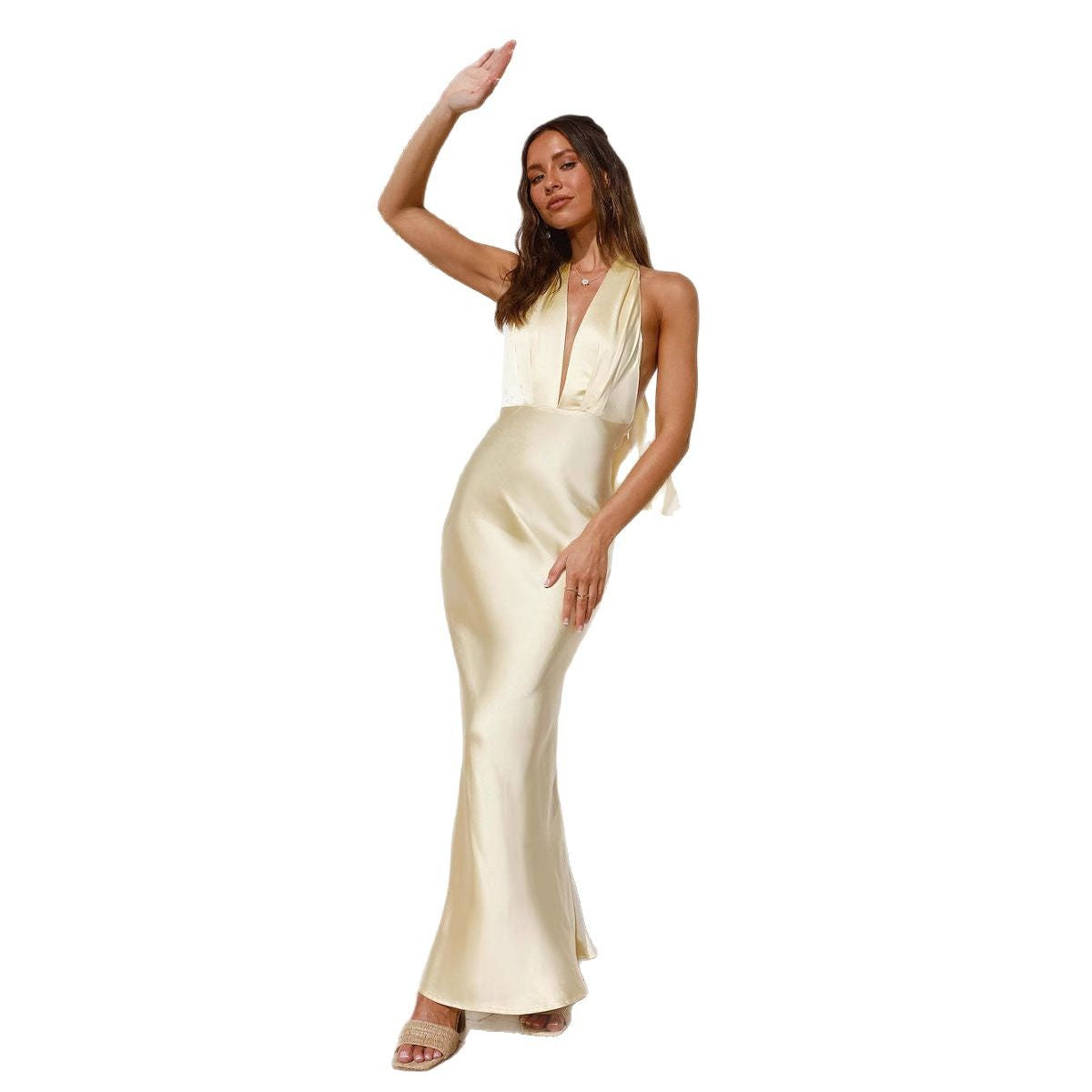 Hanging neck backless solid color sleeveless dress