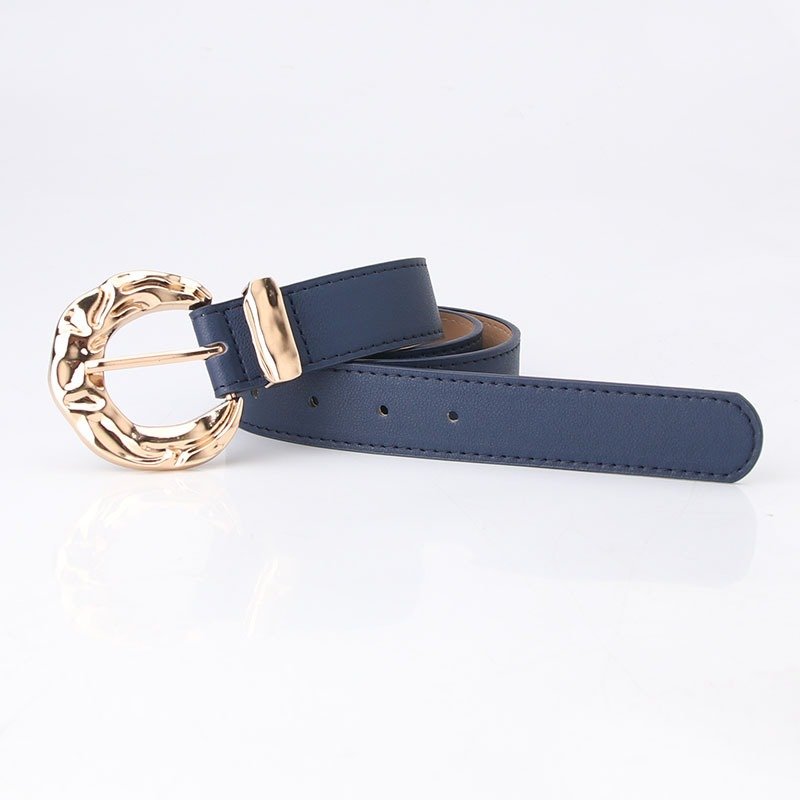 Belt With Engraved Concave And Convex Golden Buckle