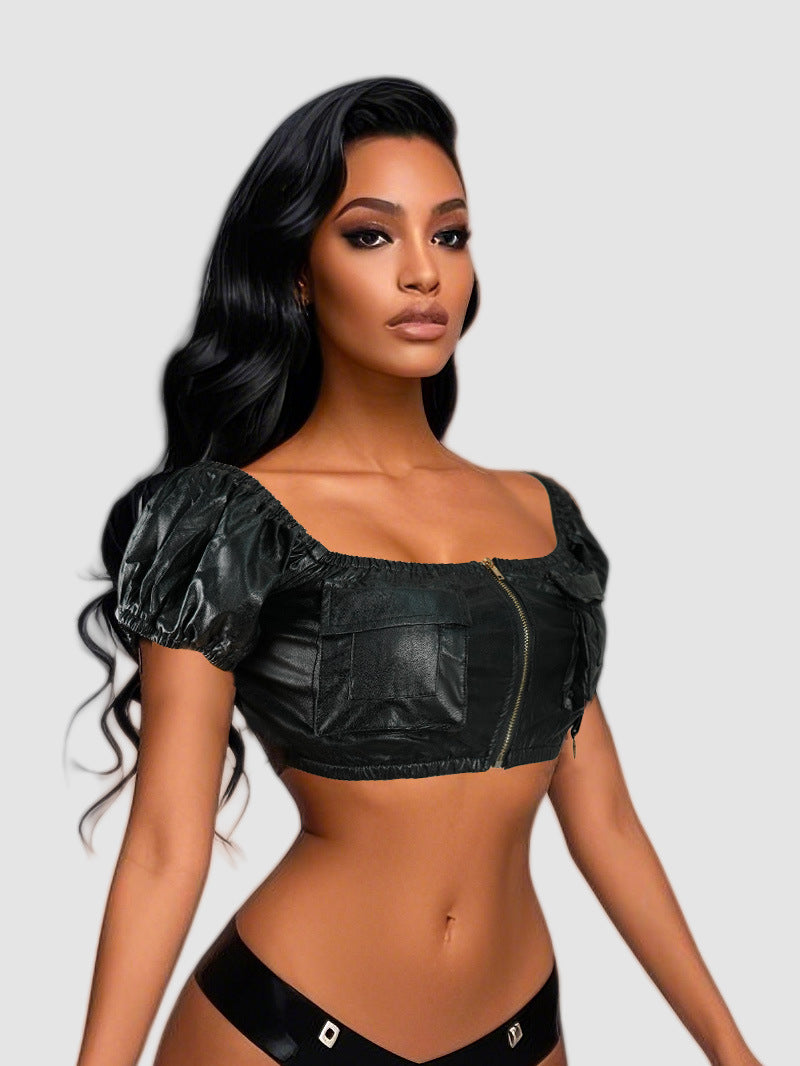 Sexy one shoulder PU leather strapless top