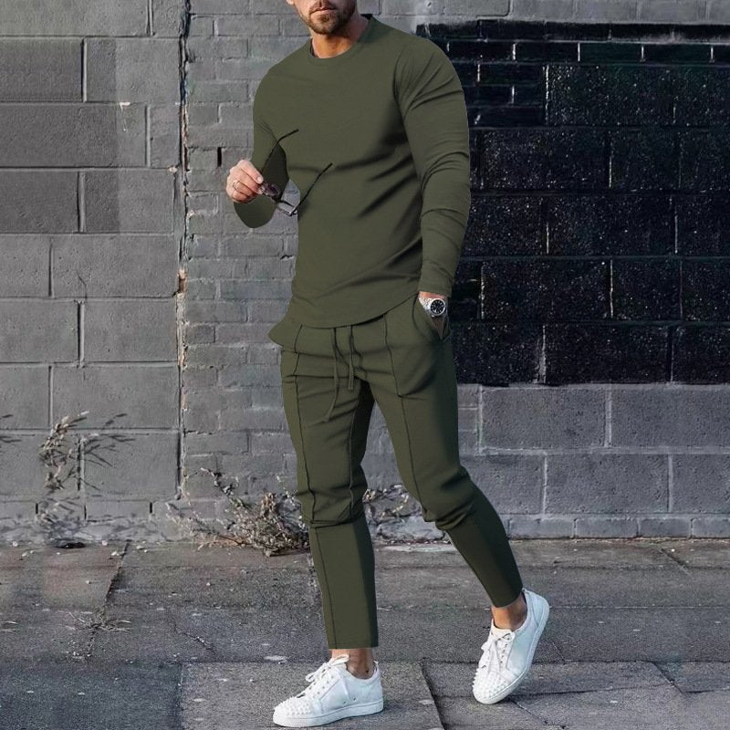 Spring Two Piece Round Necked Long Sleeved T-Shirt Trousers Solid Color Casual