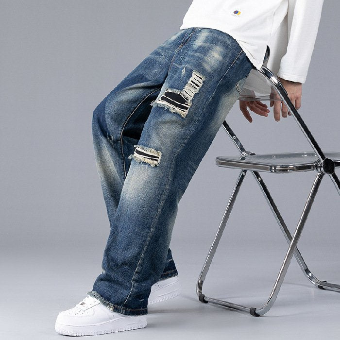 Torn Straight Leg Jeans Retro Patch Cloth