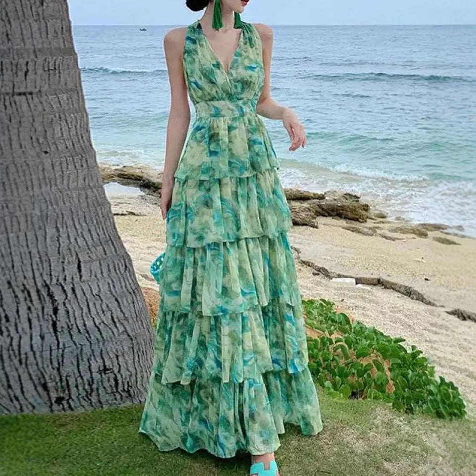 V-neck camisole multi-layer printed dress