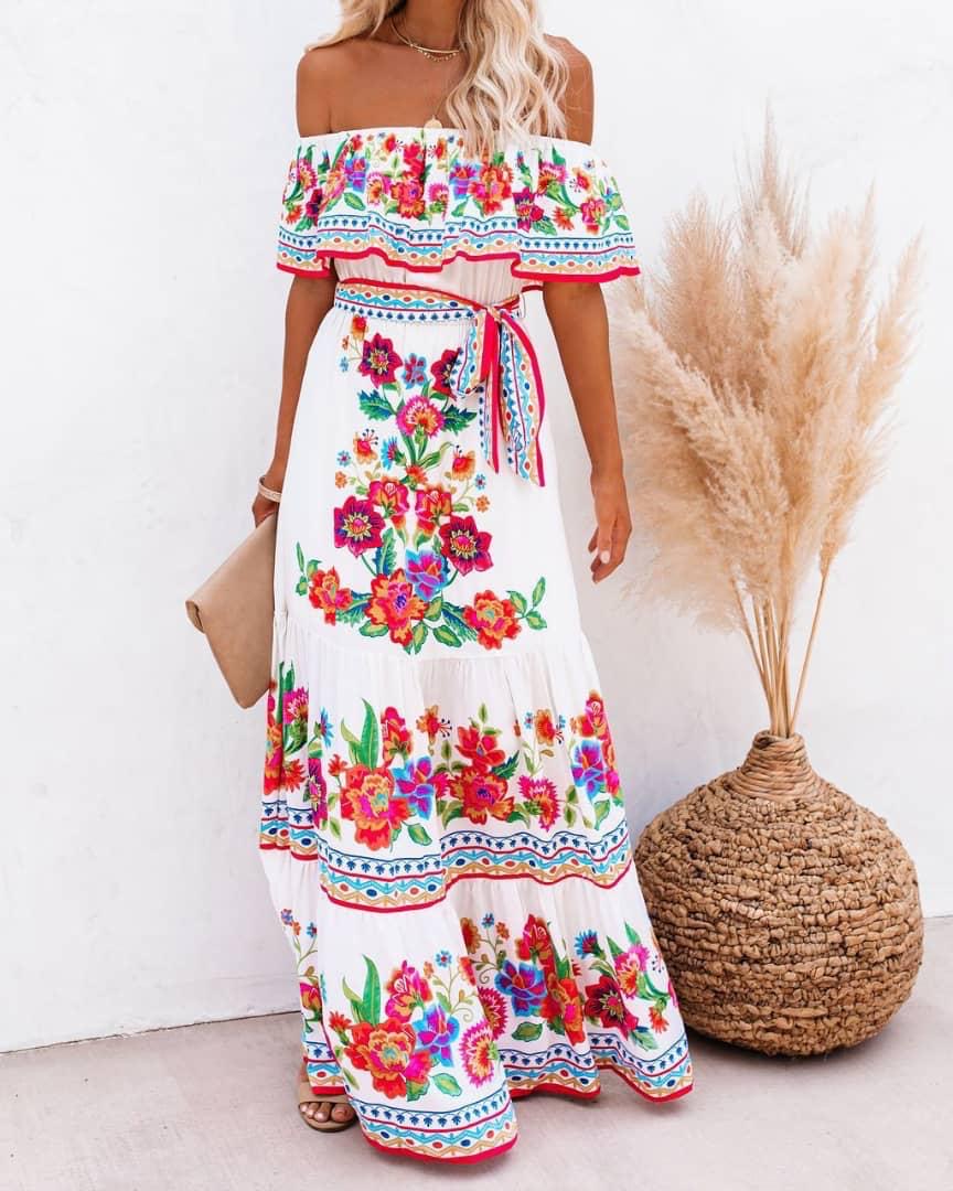 Barbara Strapless Hibiscus Flowers Maxi Dress